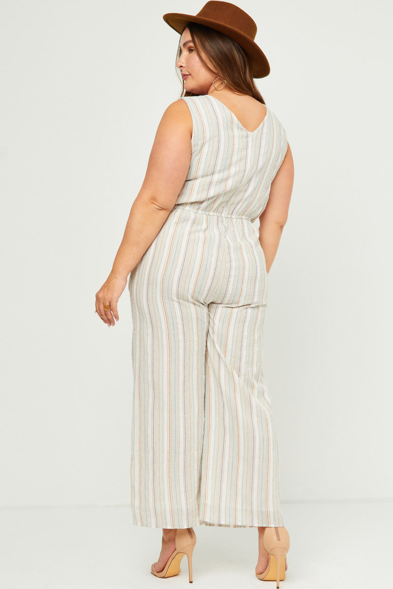 HN4537W Ivory Plus Multi Stripe V Neck Sleeveless Belted Jumpsuit Front