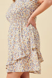 HN4730 Cream Womens Floral Smocked Neck Asymmetric Ruffle Dress Side