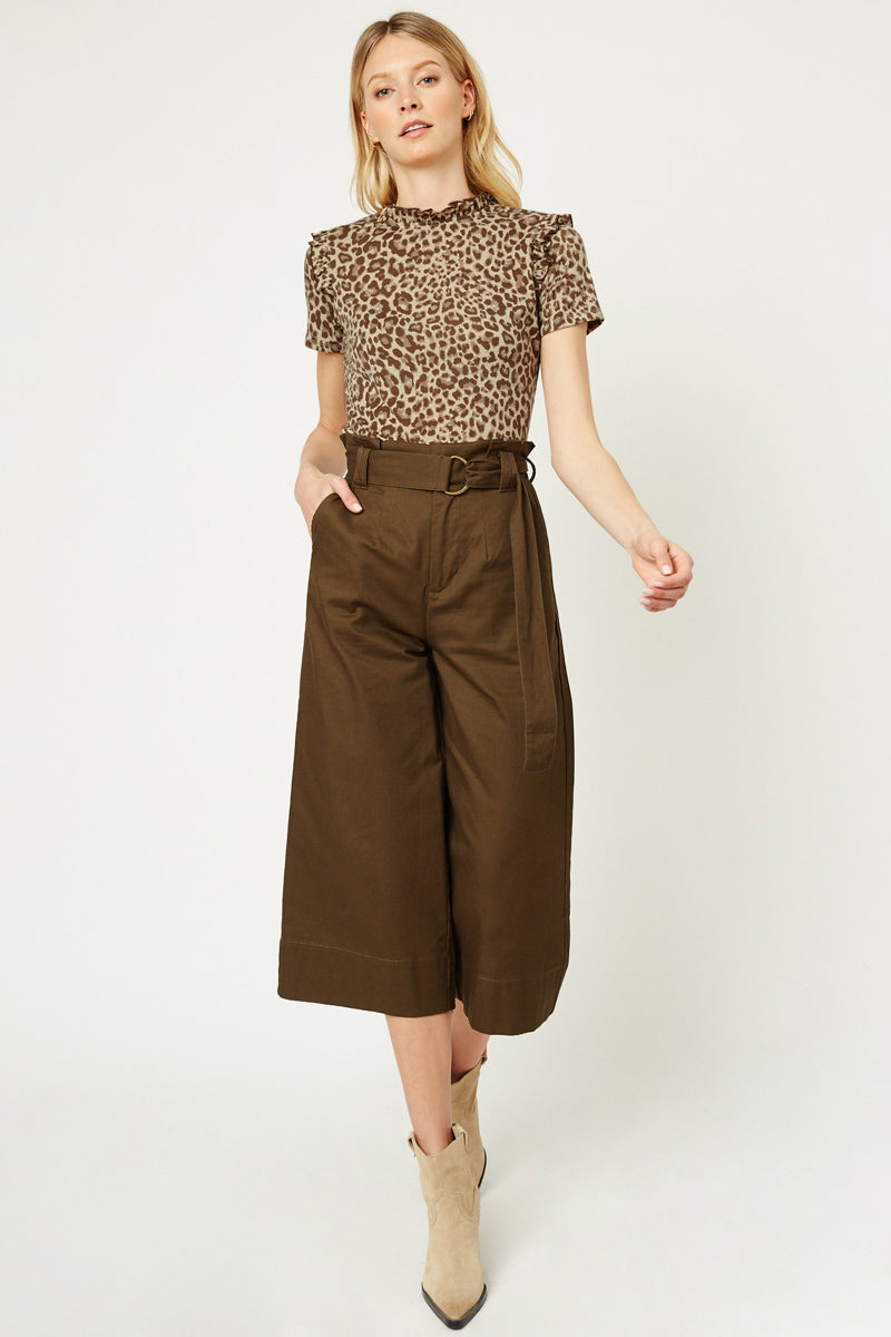 HY1083W Taupe Plus Leopard Ruffle High Neck Top Detail