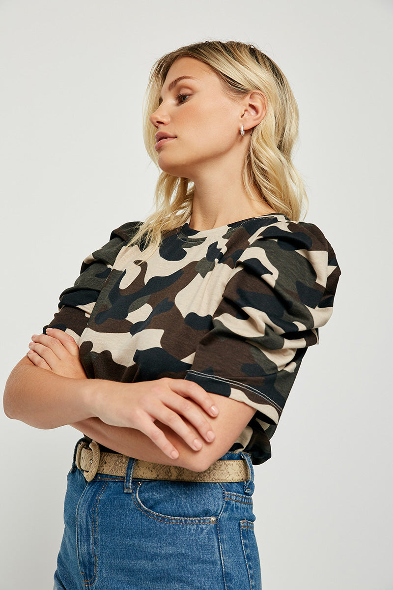 HY1106W Camo Plus Camo Puff Sleeve Top Full Body