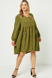 HY1230 OLIVE Button Down Pocketed Dress Front