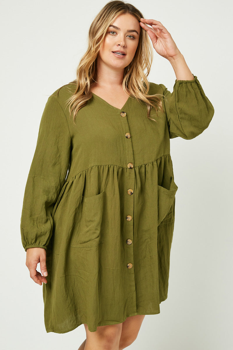 HY1230 OLIVE Button Down Pocketed Dress Side