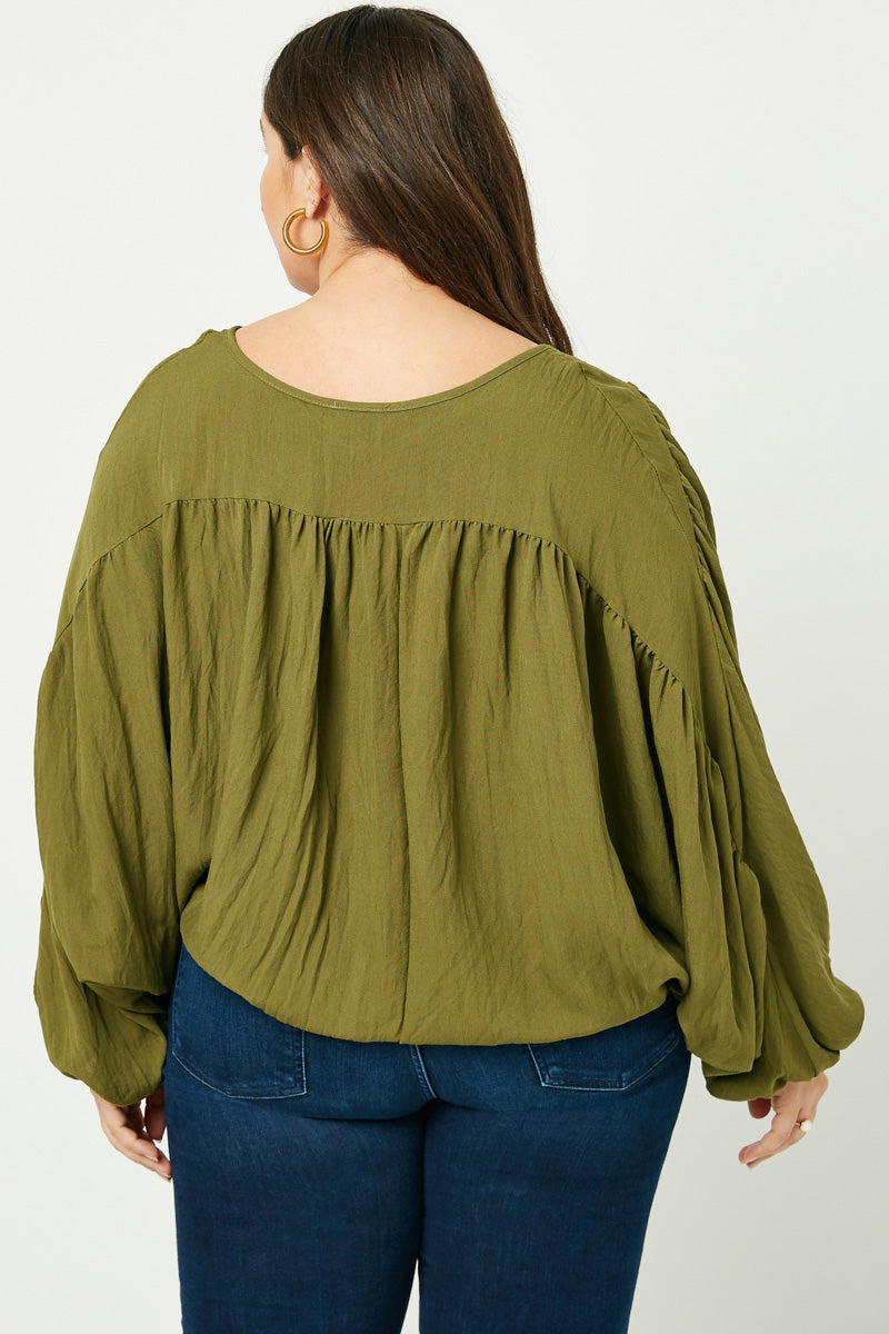 HY2005 OLIVE Tasseled V Neck Dolman Top Back