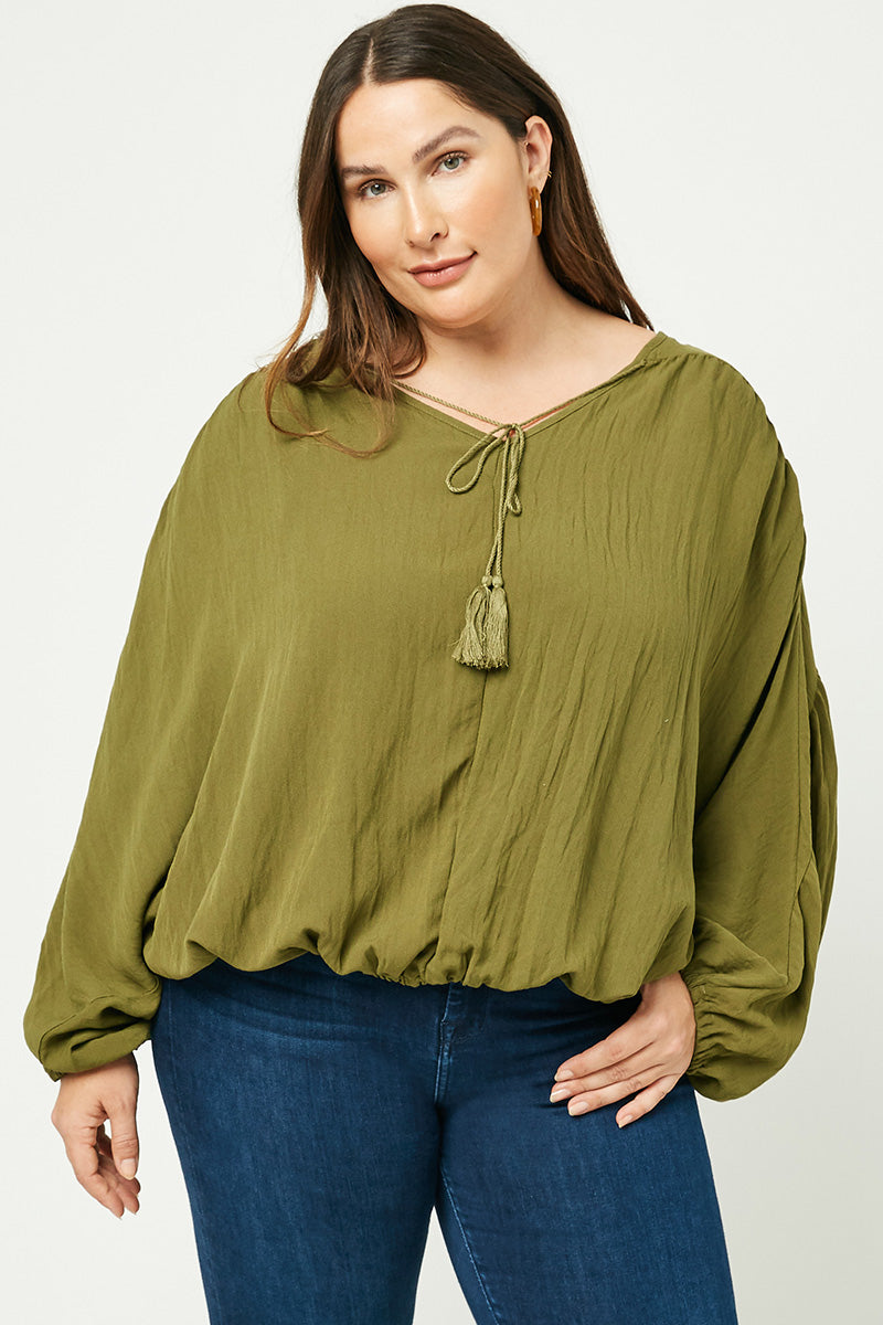 HY2005 OLIVE Tasseled V Neck Dolman Top Pose