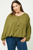 HY2005 OLIVE Tasseled V Neck Dolman Top Pose