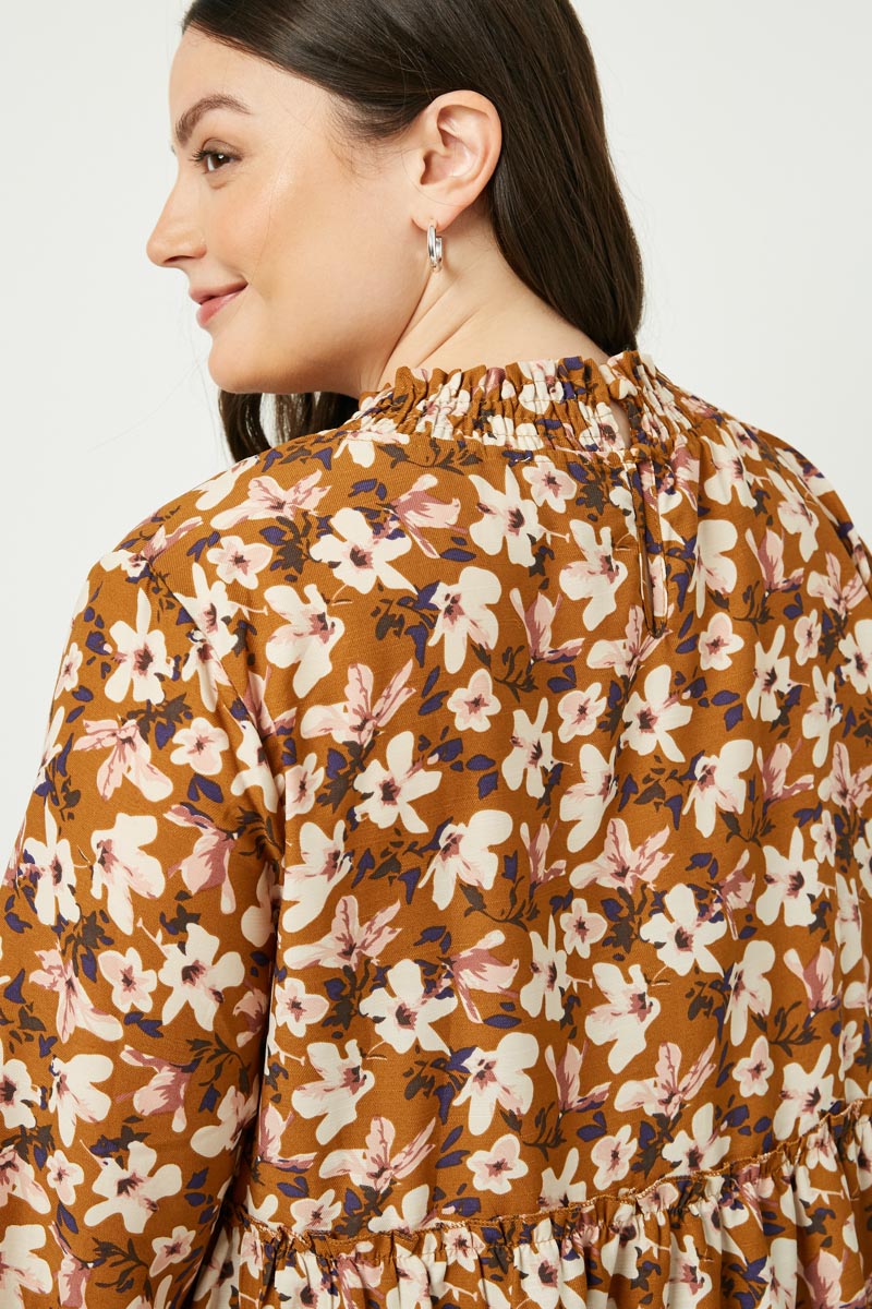 HY2040W Mustard Womens Tie Neck Tiered Tunic Back