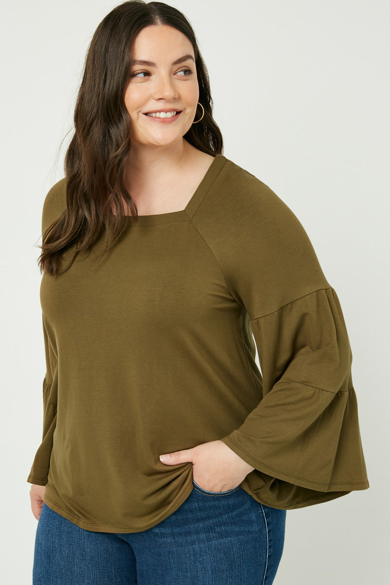HY2095 Black Womens Soft French Terry Long Sleeve Square Neck Top Front
