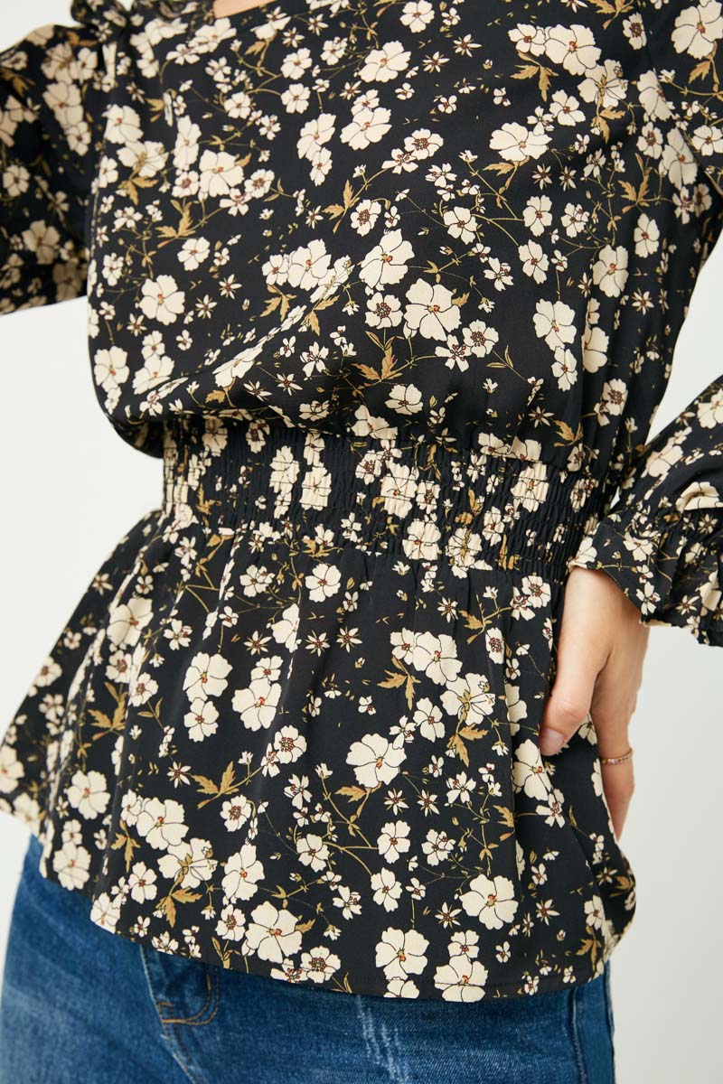 HY2201W Black Plus Square Neck Long Sleeve Printed Top Full Body