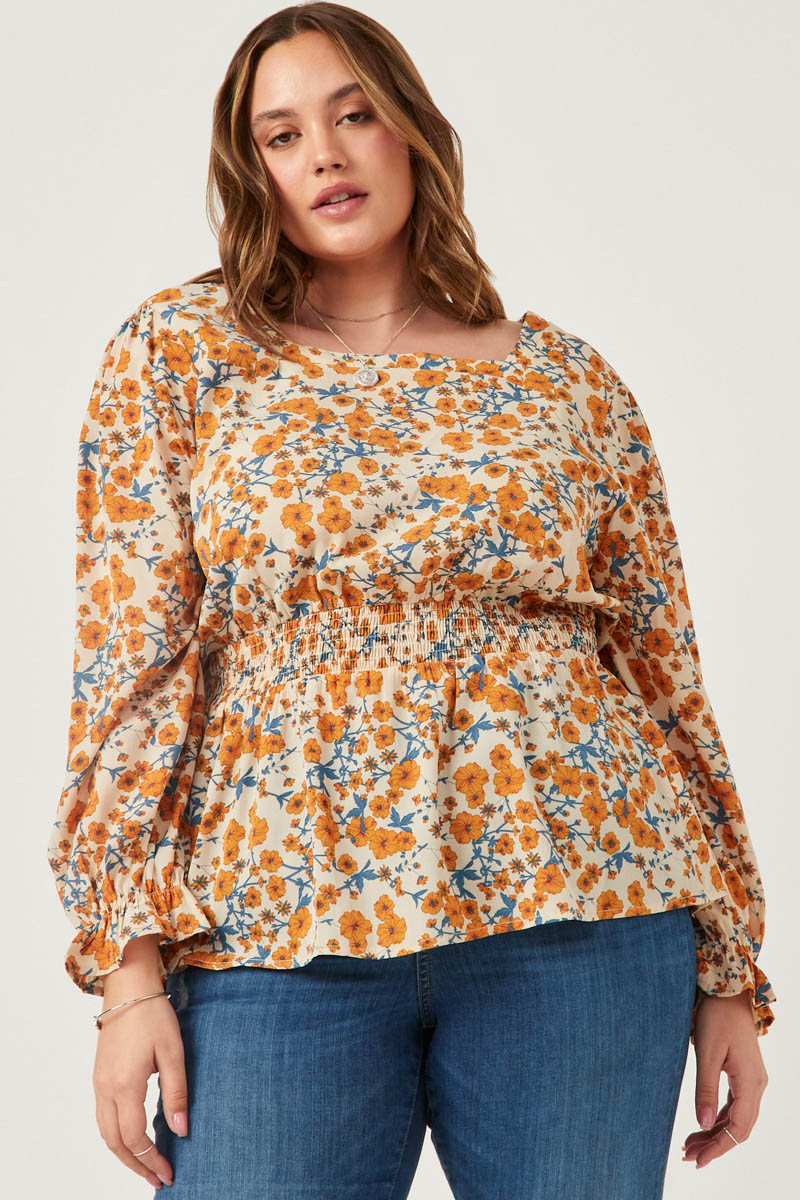 HY2201 Taupe Womens Square Neck Long Sleeve Printed Top Back