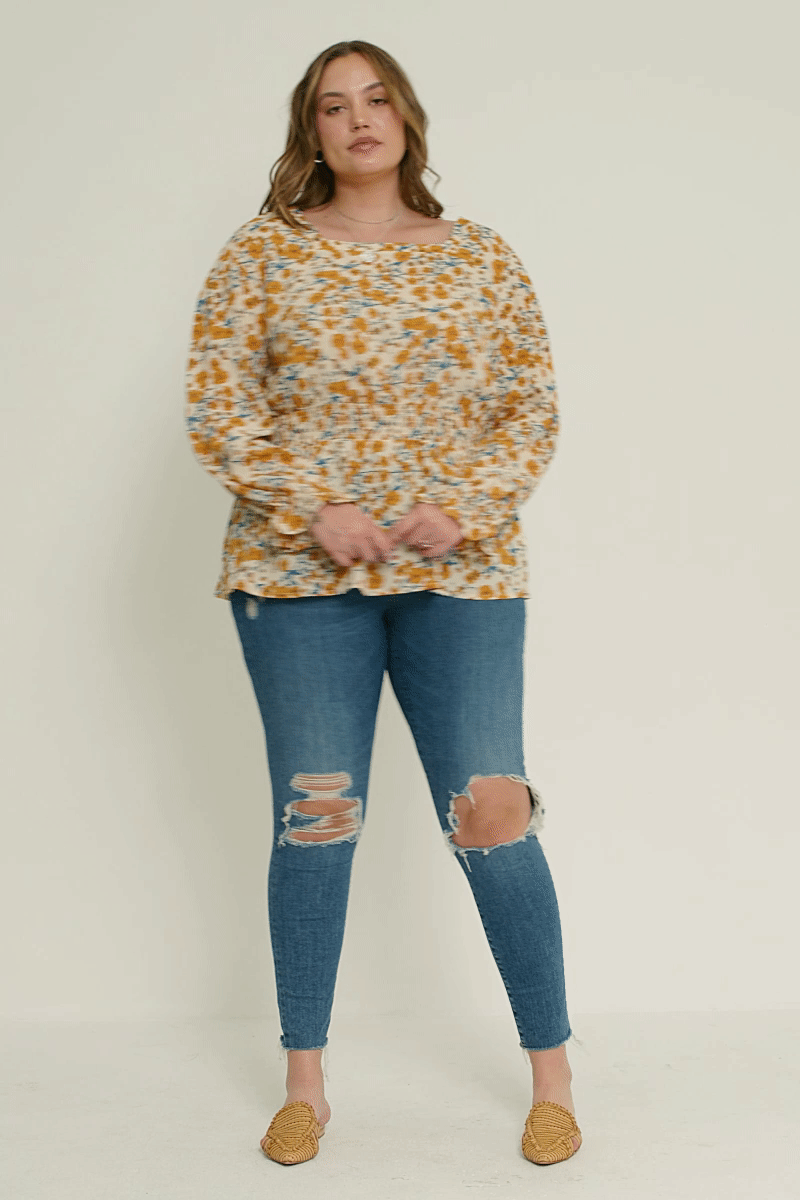 HY2201W Black Plus Square Neck Long Sleeve Printed Top Full Body