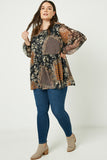 HY2227 Mustard Womens Long Sleeve Mixed Patchwork Print Top Pose