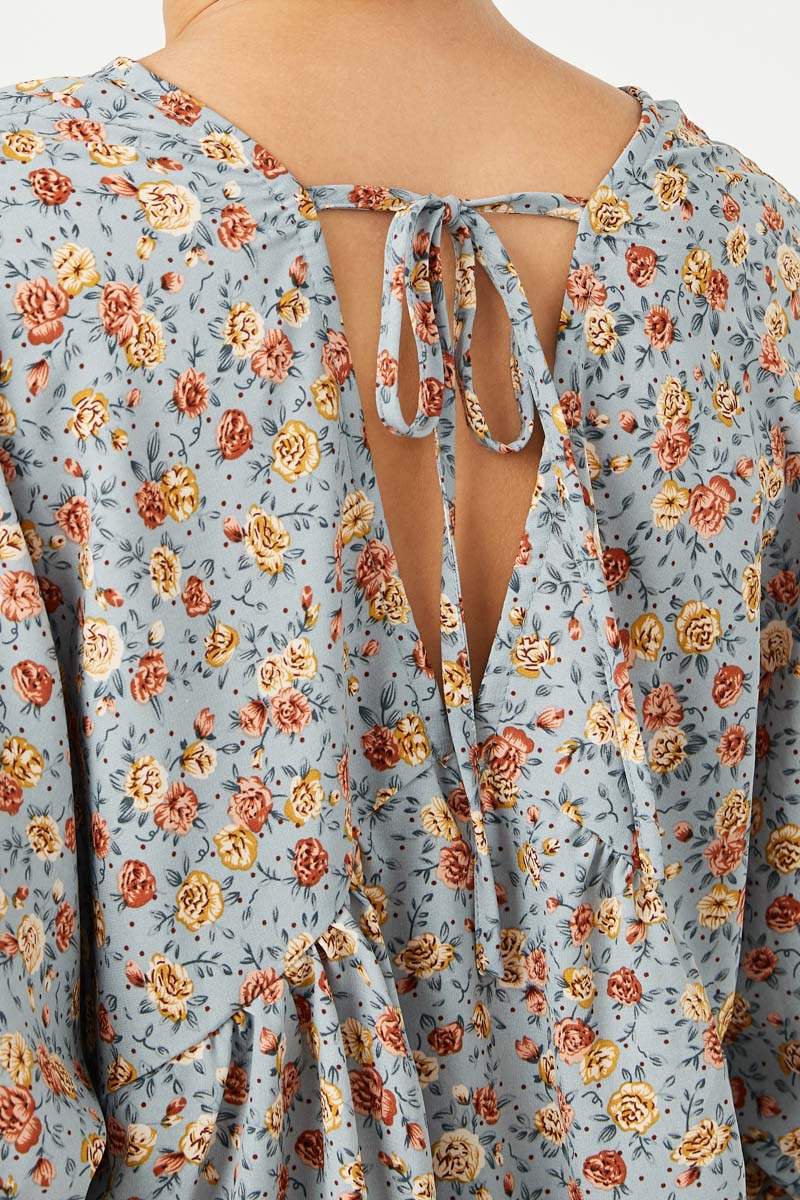 HY2305W Dusty Blue Plus Balloon Sleeve V-Neck Top Full Body