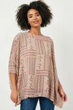 HY2513 Mauve Hankerchief Print Smocked Cuff Dolman Top Front