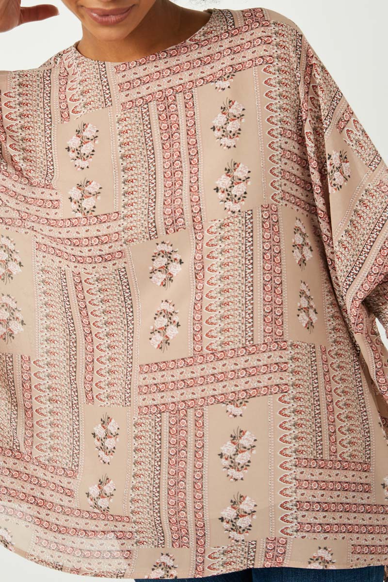 HY2513W Mauve Plus Hankerchief Print Smocked Cuff Dolman Top Front