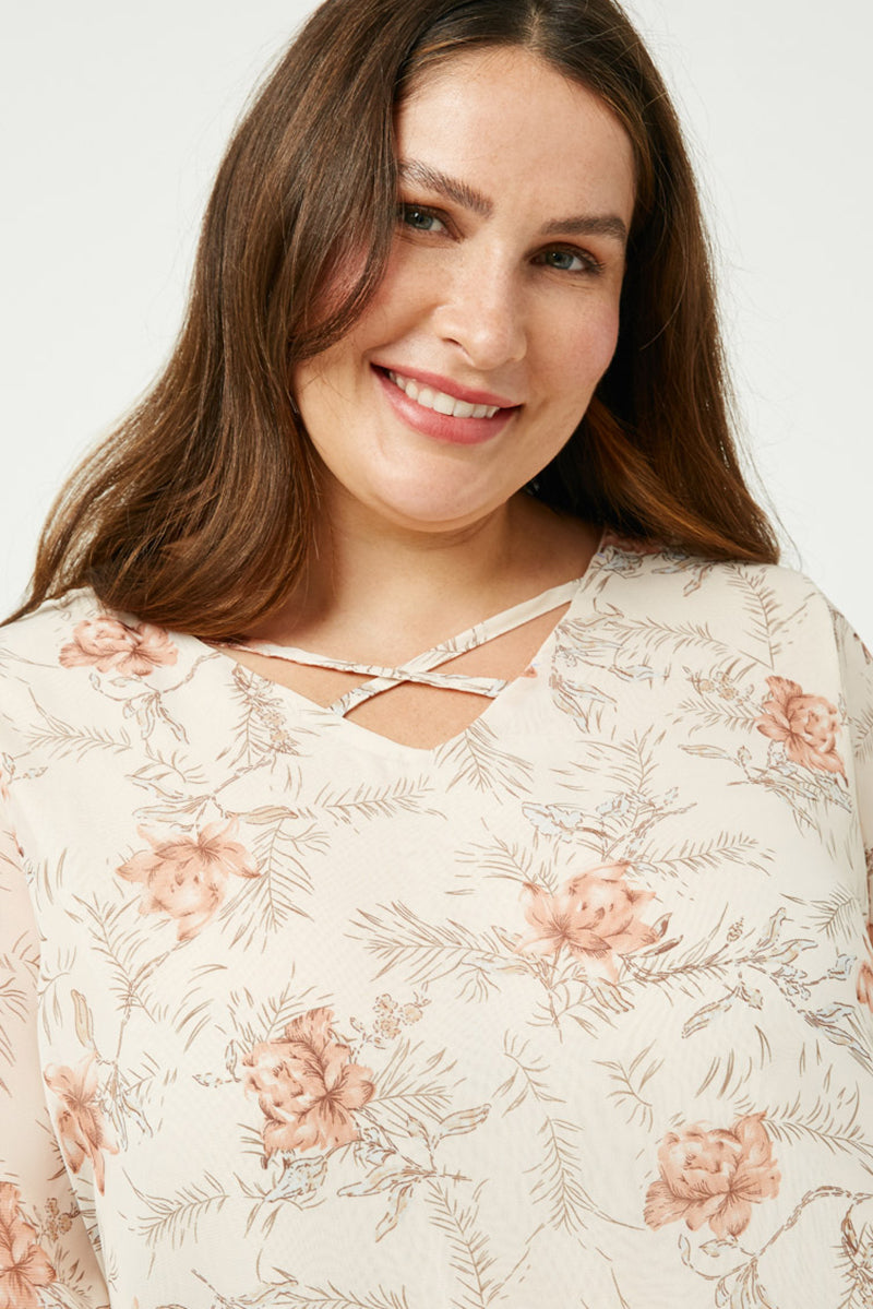 HY2521 Ivory Womens Strappy V Neck Balloon Sleeve Top Detail