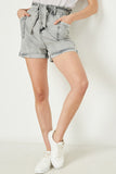 HY2566 Black Denim Womens Waist Tie Washed Cargo Pocket Denim Pose