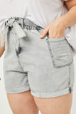 HY2566 Black Denim Womens Waist Tie Washed Cargo Pocket Denim Front