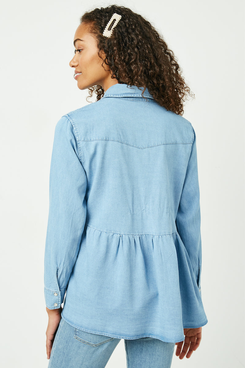 HY2570W Light Denim Plus Button Down Peplum Western Tencel Shirt Side