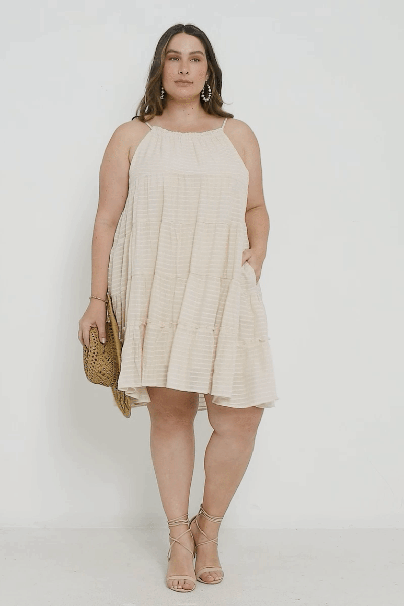 HY2634W Sage Plus Texture Stripe Tiered Halter Mini Dress Gif