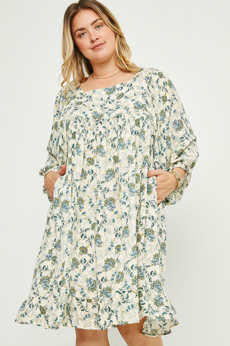 HY2823W Ivory Plus Balloon Sleeve Ruffle Hem Tunic Dress Full Body