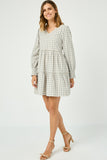 HY5003 GREY Womens Smocked Cuff V Neck Tiered Plaid Dress Side