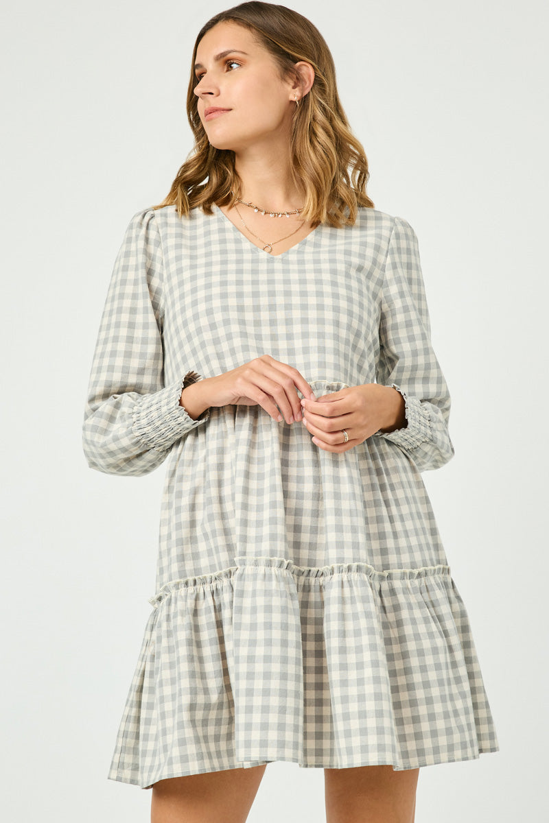 HY5003 GREY Womens Smocked Cuff V Neck Tiered Plaid Dress Full Body