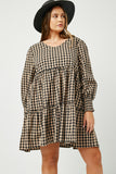 HY5003 GREY Womens Smocked Cuff V Neck Tiered Plaid Dress Back