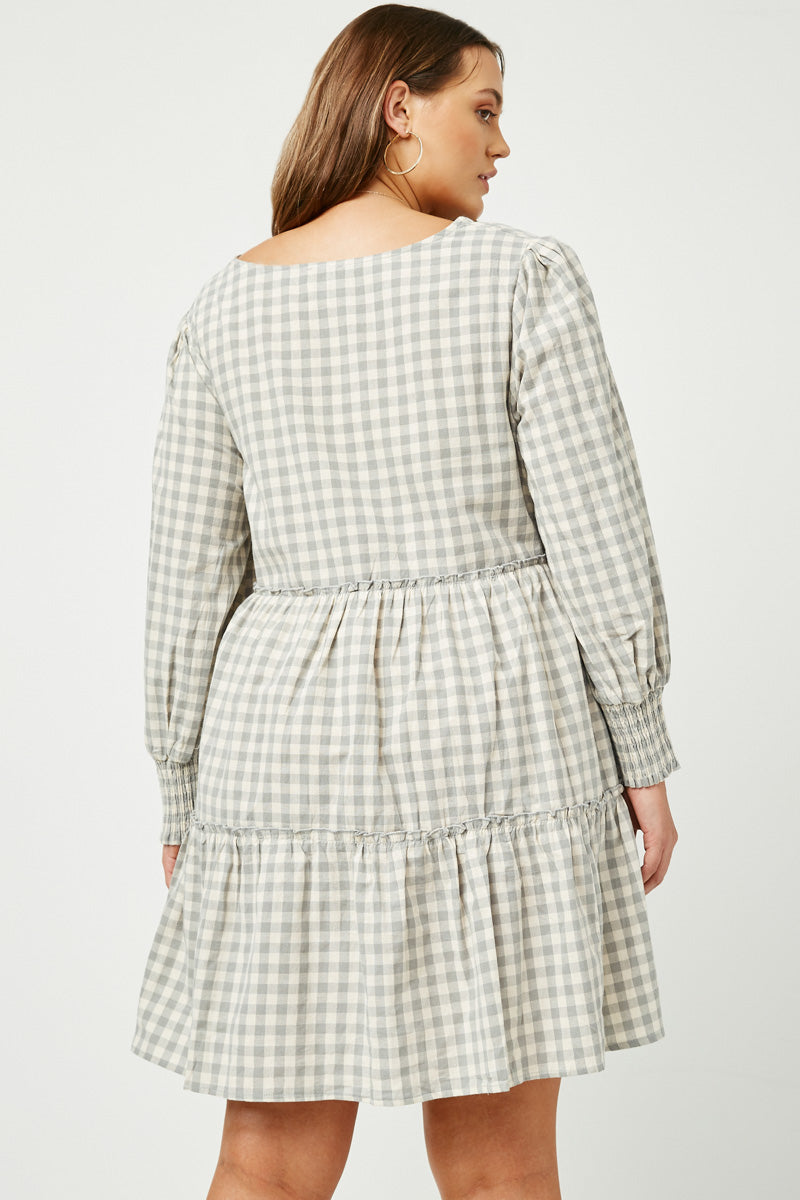 HY5003 BLACK Womens Smocked Cuff V Neck Tiered Plaid Dress Detail