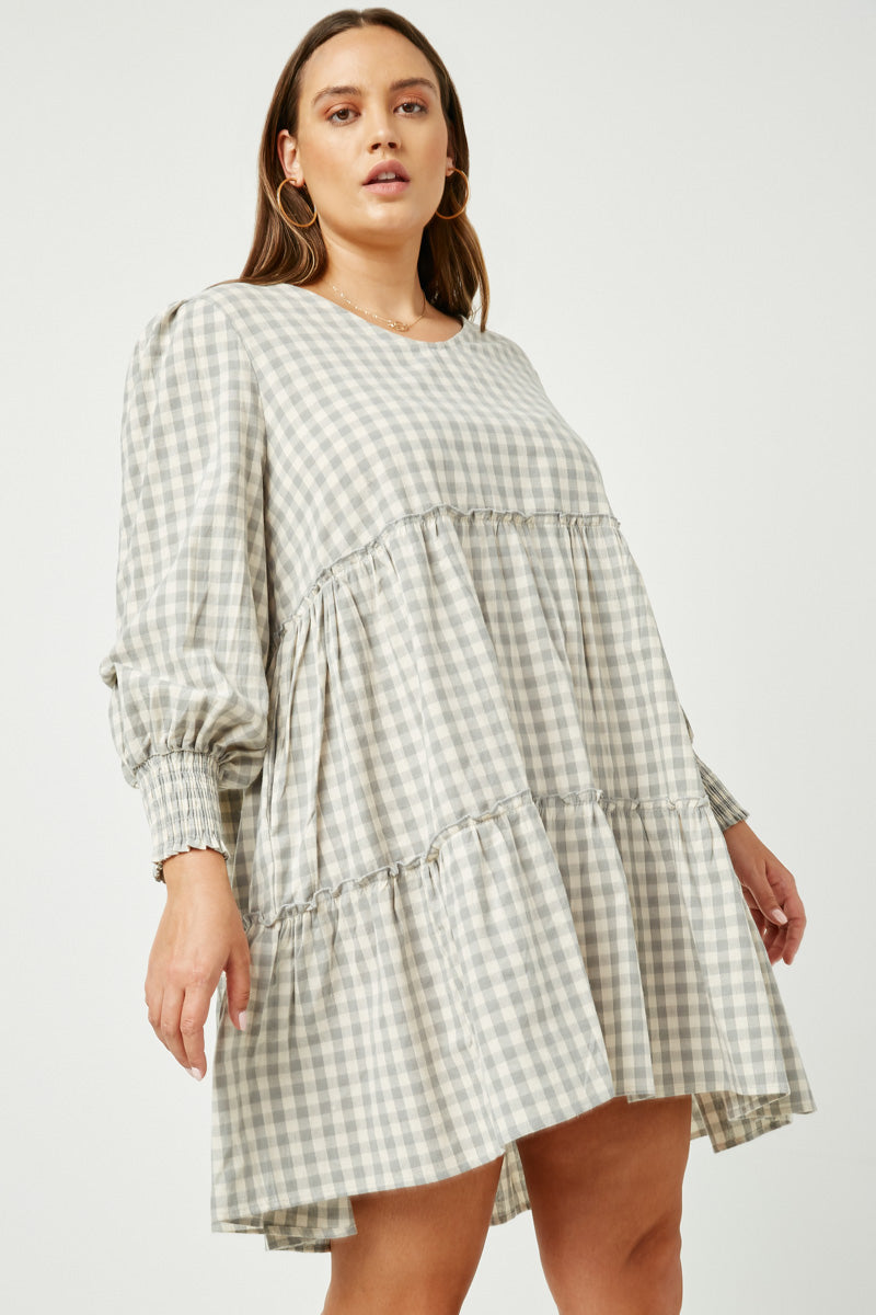 HY5003 BLACK Womens Smocked Cuff V Neck Tiered Plaid Dress Back