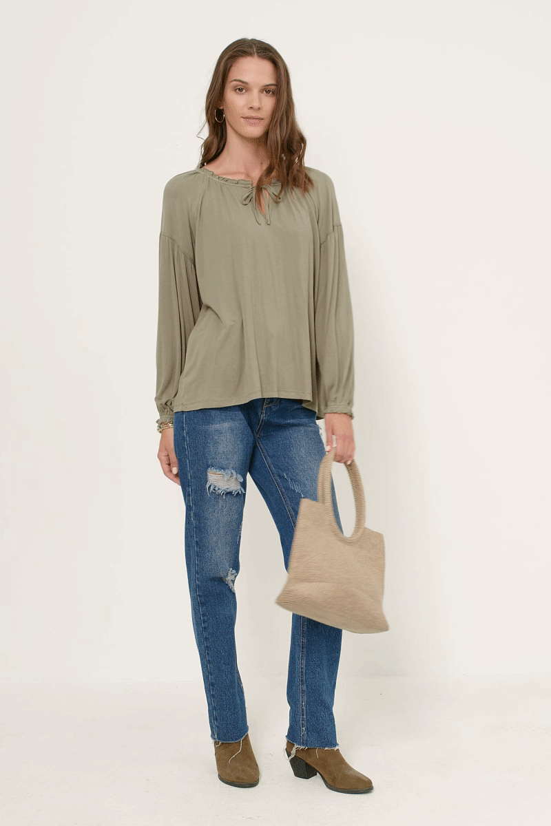 HY5063W Olive Plus Flowy Ruffled Neck and Cuff Tie Neck Knit Top Gif