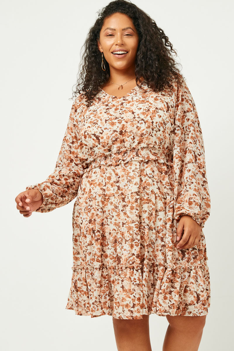 HY5080W BROWN Plus Floral Print V Neck Smock Waist Tiered Mini Dress Full Body