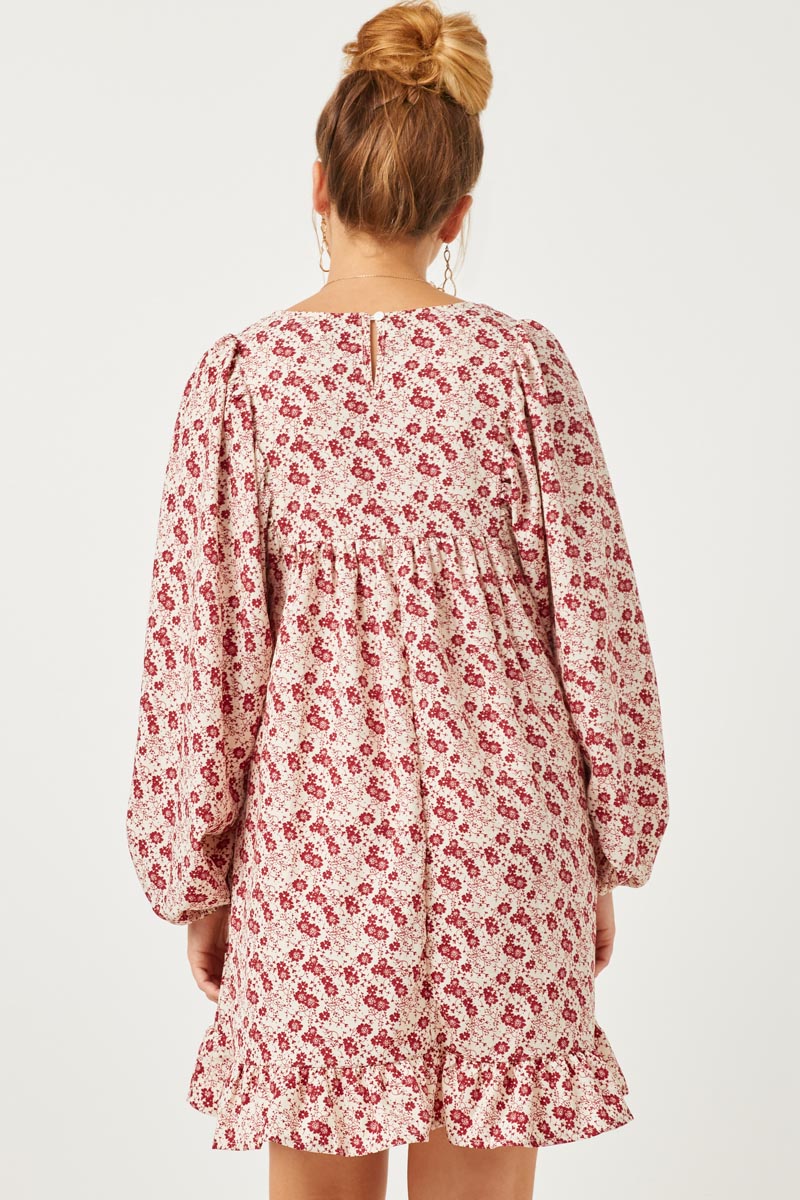 HY5095W Burgundy Plus Floral Print Exaggerated Puff Sleeve Baby doll Dress Gif