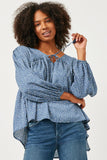 HY5124 Blue Womens Ruffled Seam Detail Tasseled Long Sleeve Top Front