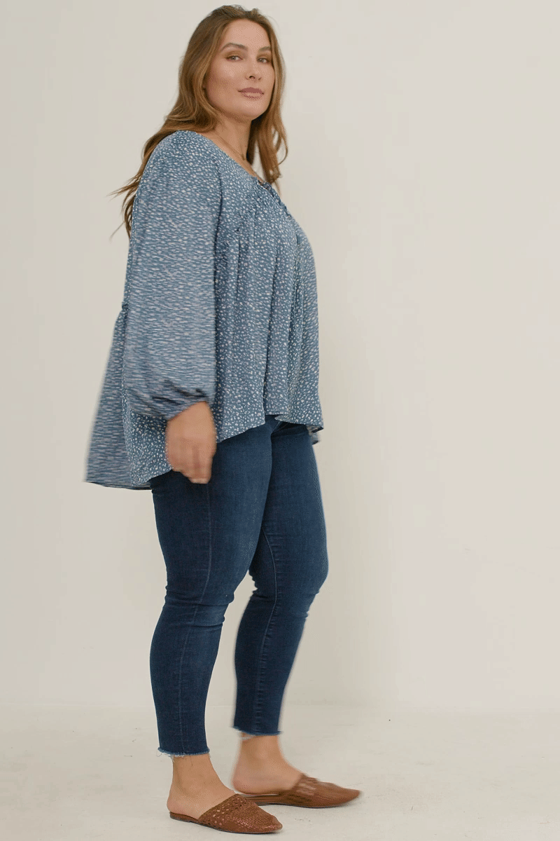 HY5124W BLUE Plus Ruffled Seam Detail Tasseled Long Sleeve Top Full Body