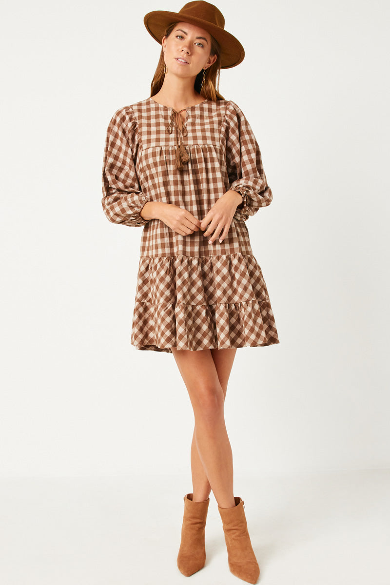 Gingham Short Sleeve Puff Dress | Boho Inspired Inclusive Outfits Brown / 2XL Brown *Women's Dresses Casual Dresses Hayden Los Angeles Gingham Short Sleeve Puff Dress | Boho Inspired Inclusive Outfits Brown / 2XL Brown *Women's Dresses Casual Dresses Hayden Los Angeles
