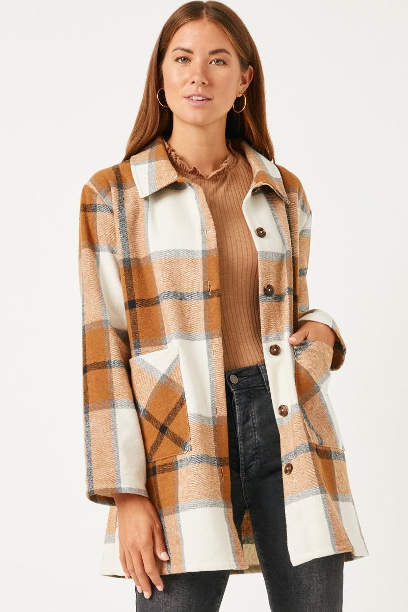 HY5257W Burgundy Plus Plaid Button Up Patch Pocket Coat Side