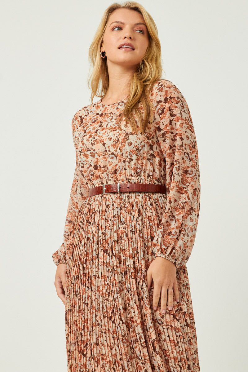 HY5426W BROWN Plus Pleated Skirt Floral Printed Dress Full Body 2