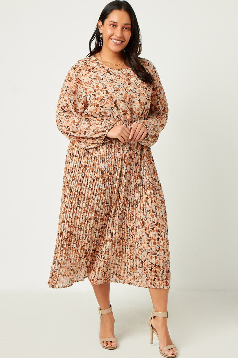 HY5426 BROWN Womens Pleated Skirt Floral Printed Dress Detail