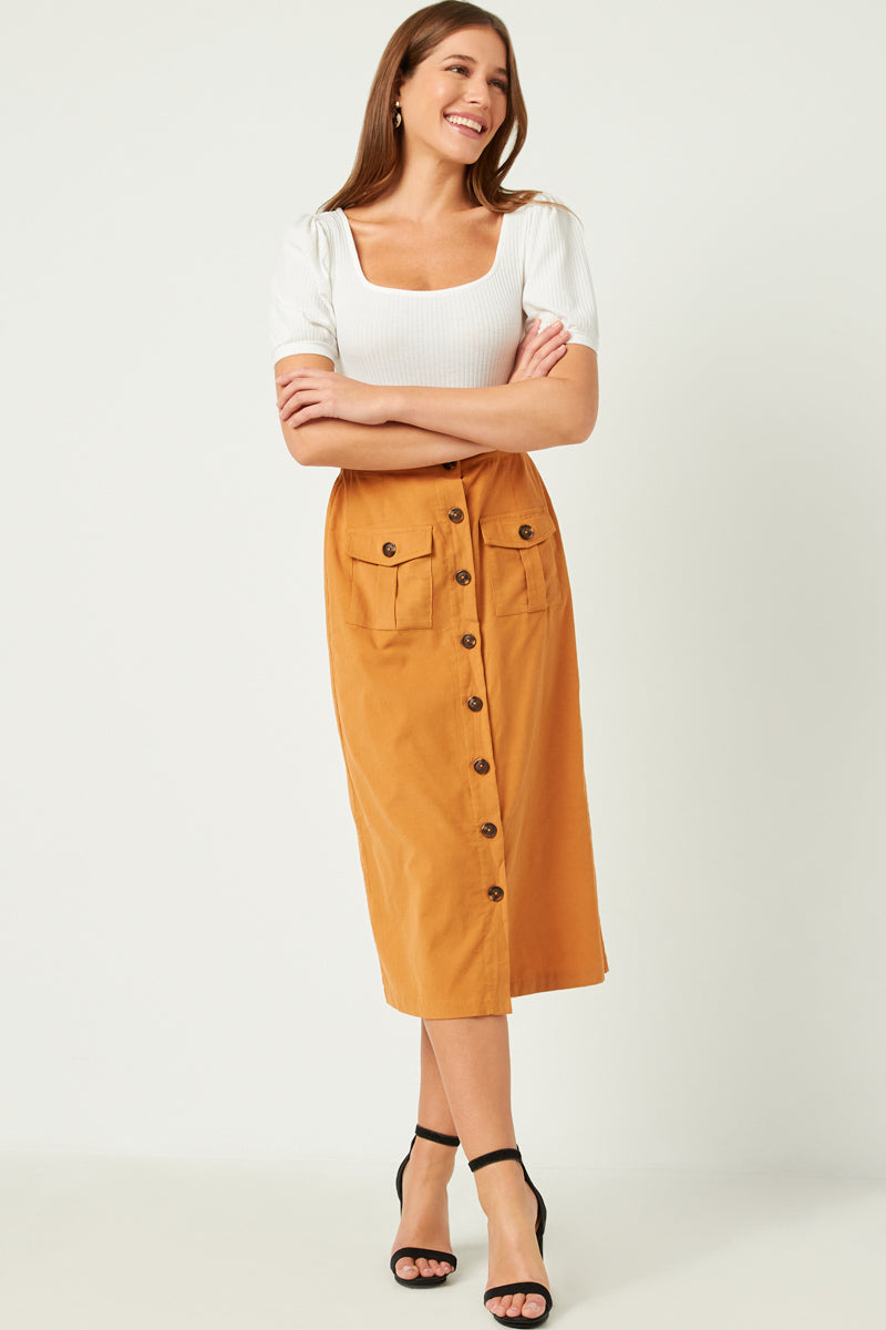 HY5456 TAN Womens Corduroy Patch Pocket Button Detail Skirt Full Body