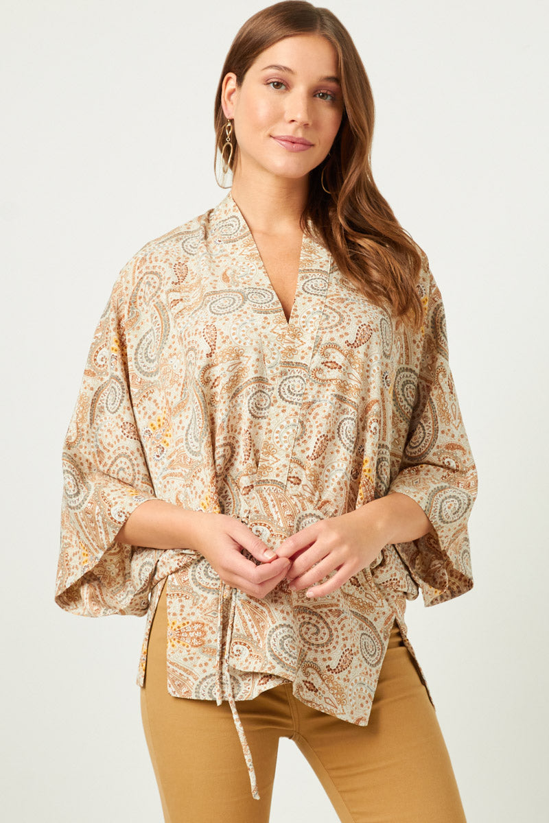HY5559W Taupe Plus Paisley Print Cropped Sleeve Open Kimono Gif
