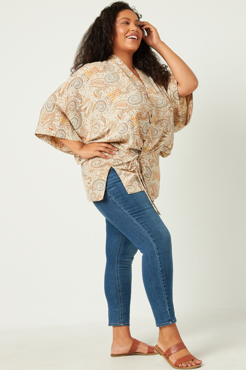 HY5559 TAUPE Womens Paisley Print Cropped Sleeve Open Kimono Back