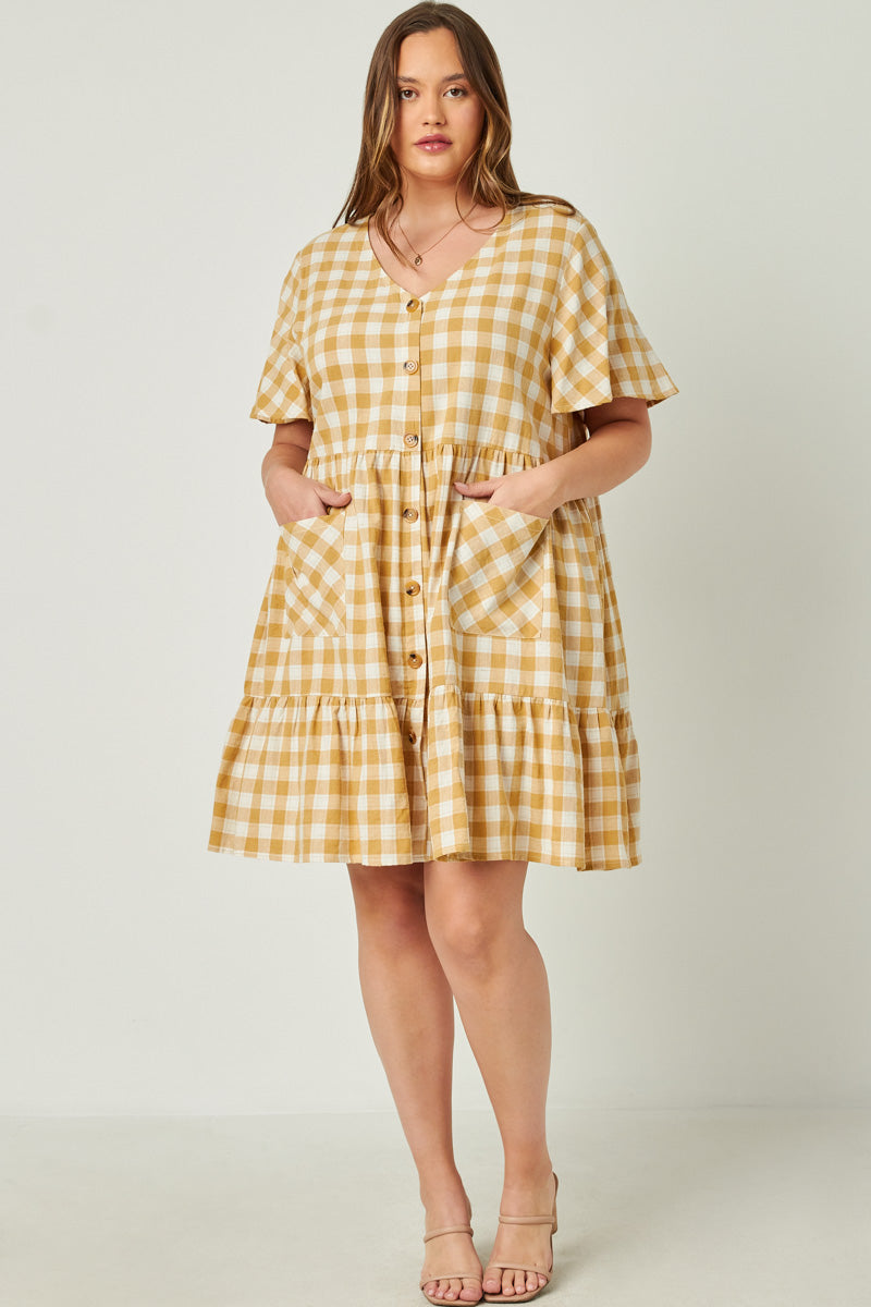 HY5588W Mustard Plus Plaid Patch Pocket Button Down Dress Editorial