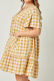 HY5588 Mustard Womens Plaid Patch Pocket Button Down Dress Full Body