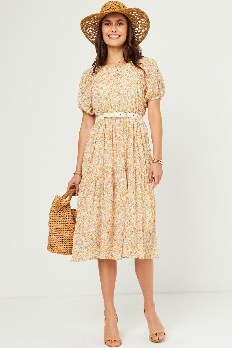 HY5623 Yellow Womens Ditsy Floral Crinkled Puff Sleeve Tiered Dress Full Body