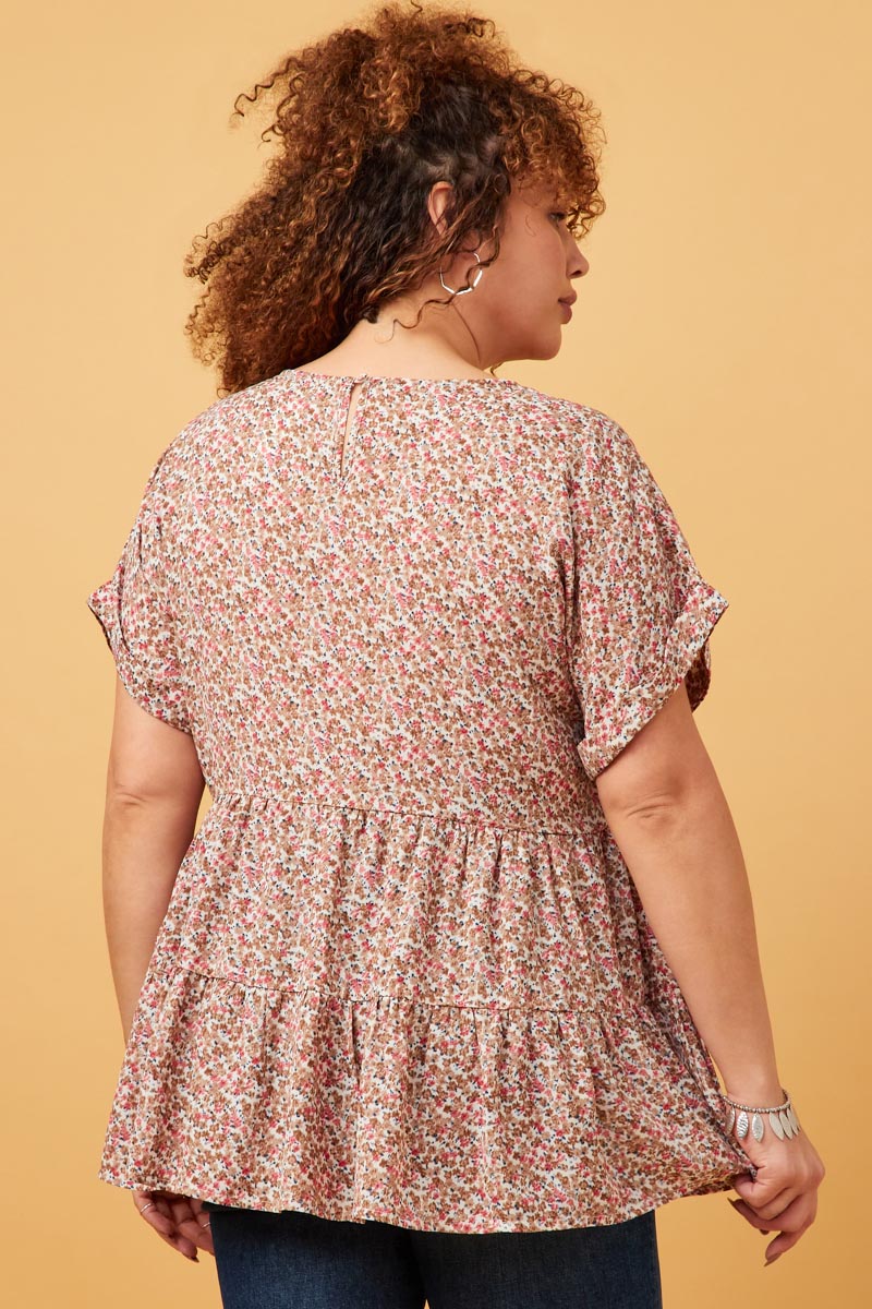 HY5653 Taupe Womens Ditsy Floral Cuffed Tiered Baby Doll Top Back
