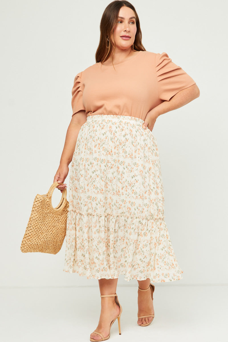 HY5675W Mauve Plus Ribbed Pleated Shoulder Puff Sleeve Top Front