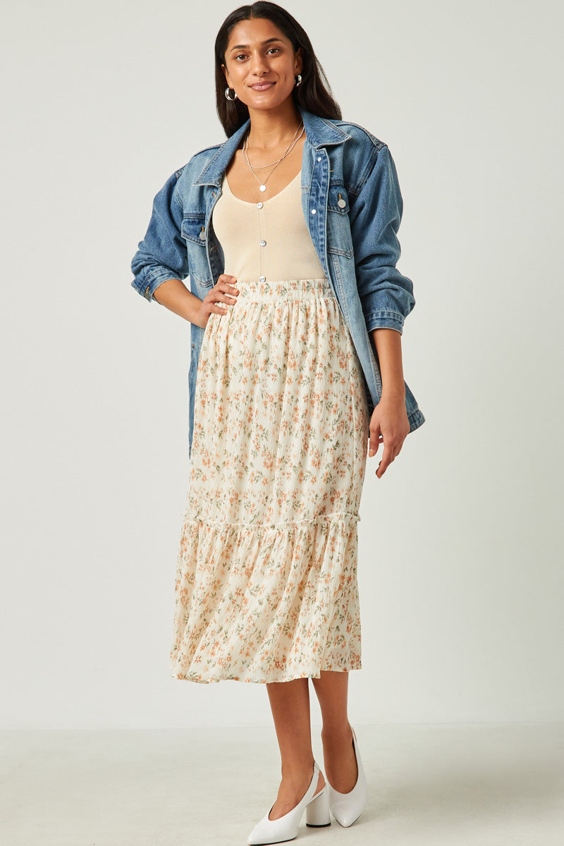 HY5712 Ivory Womens Crinkle Textured Floral Ruffle Midi Skirt Full Body 2