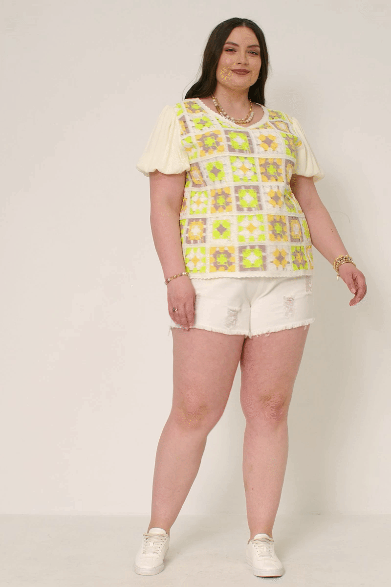 HY5948W Lime Plus Crochet Quilted V Neck Puff Sleeve Top Front