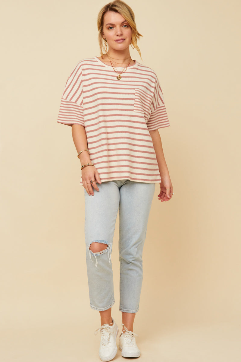 HY5958 Denim Womens Waffle Textured Mixed Stripe Oversize Knit Tee Full Body