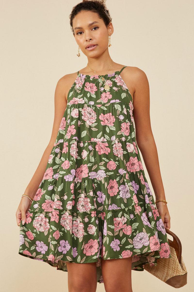 Floral Halter Neck Romantic Midi Dress for Women | Boho Inspired Inclusive Outfits Olive / S Olive Women's Dresses Tank Dresses Hayden Los Angeles Floral Halter Neck Romantic Midi Dress for Women | Boho Inspired Inclusive Outfits Olive / S Olive Women's Dresses Tank Dresses Hayden Los Angeles